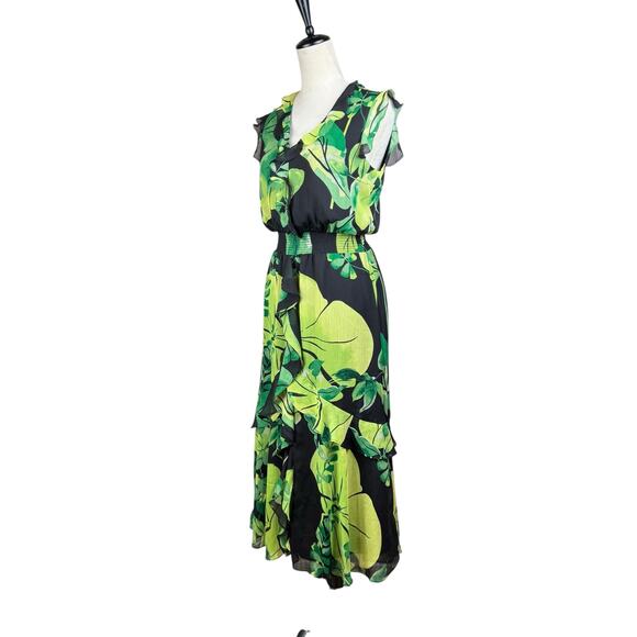 White House Black Market Green Tropical Leaf Print Black Chiffon Ruffle Dress - Picture 2 of 10